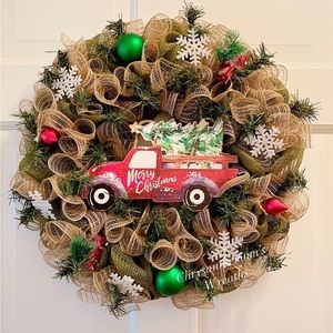 SOLD! NWOT burlap,greens with wood red truck sign.